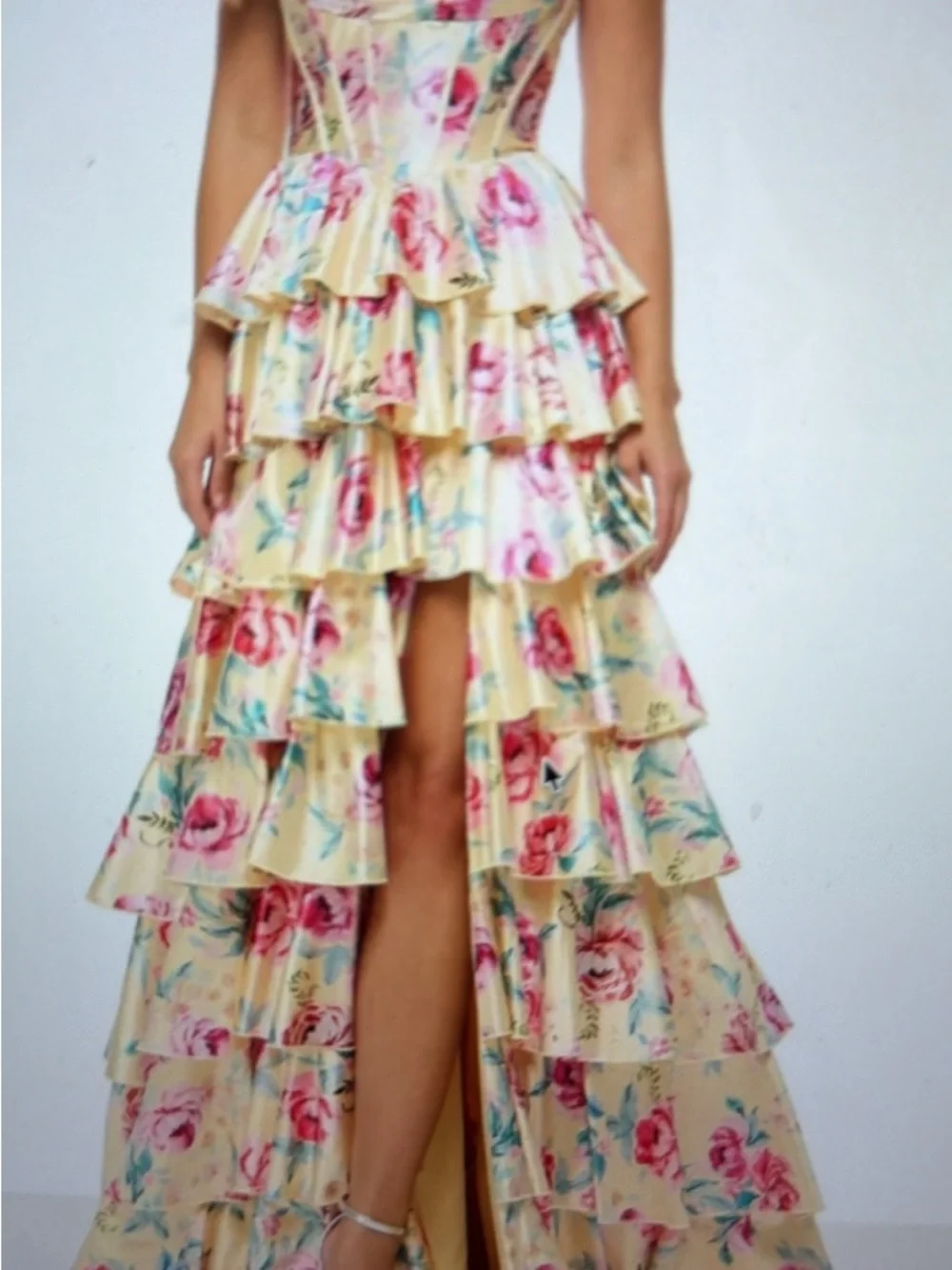 Sherri Hill Floral Tiered High-Low Prom Dress in Cream and Pink - Picture 2 of 6